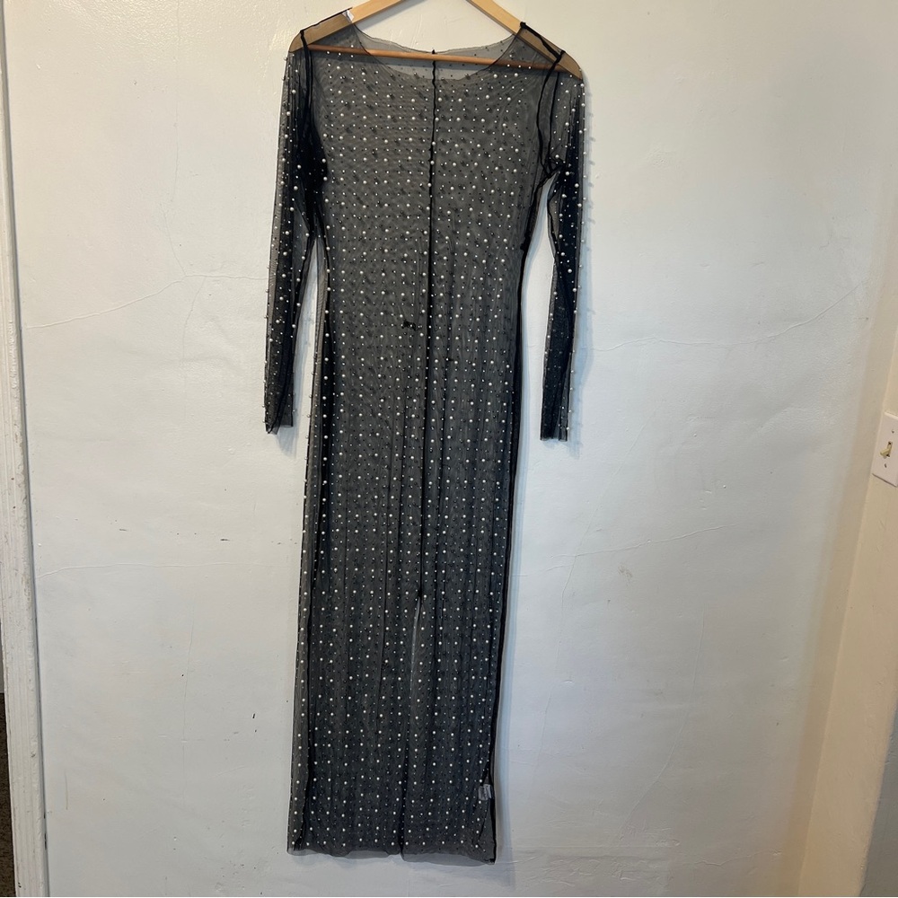 Sheer Black Long Sleeve Rhinestone Pearl Beaded Maxi Dress M